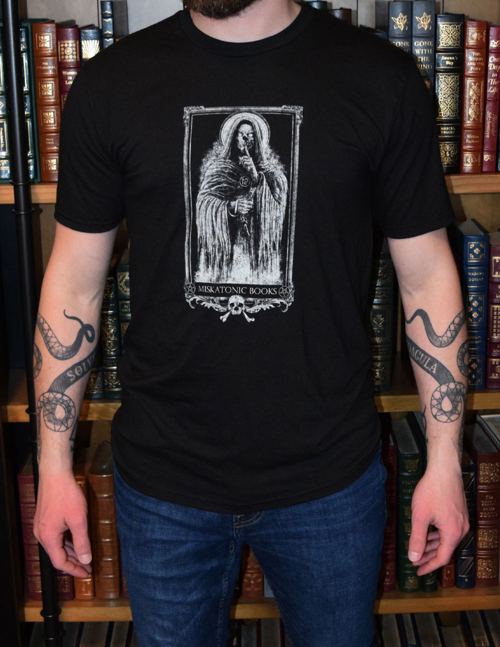 MISKATONIC BOOKS MONK T-SHIRT with artwork by Nestor Avalos