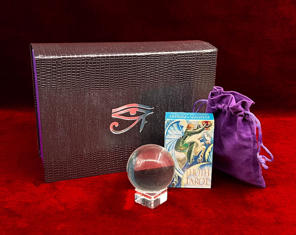 BOOK OF THOTH – HORUS SET, Aleister Crowley, (Thoth Tarot Deck, Crystal Ball, Book, Abramelin Oil, Custom Box)